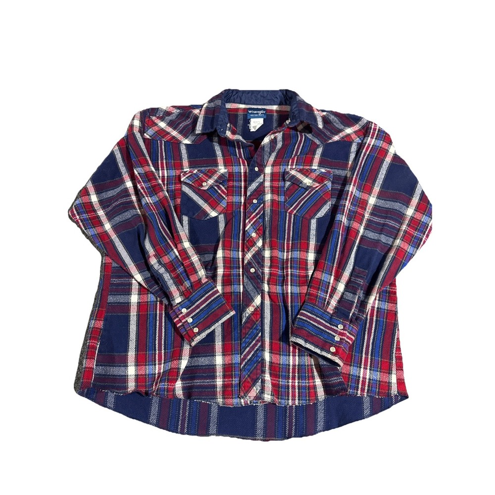 Wrangler Men's XXL Vtg Flannel Jacket Pearl Snap Quilted Red Plaid Cowboy Shirt